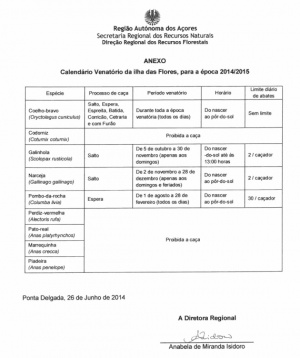 Calendário venatório da ilha das Flores, para a época 2014/2015