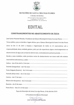 Edital - Constrangimentos no abastecimento de &aacute;gua