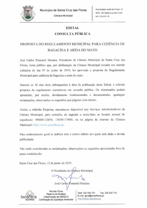 Consulta p&uacute;blica proposta de Regulamento Municipal para ced&ecirc;ncia de bagacina e areia do mato