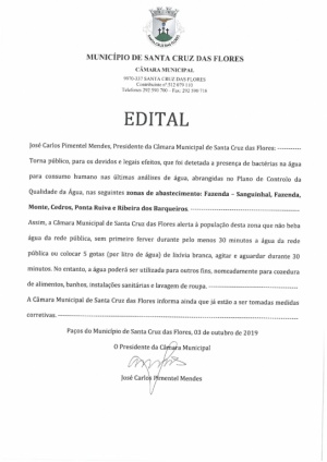 Edital - detetadas presen&ccedil;a de bact&eacute;rias em &aacute;gua para consumo humano