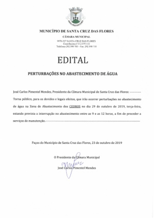 Perturba&ccedil;&atilde;o no abastecimento de &aacute;gua nos Cedros, no dia 29 de outubro.