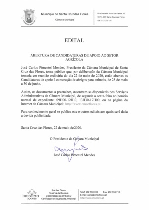 Edital - Abertura de Per&iacute;odo de Candidaturas - 25 de maio a 30 de junho de 2020 - Apoio ao Setor Agr&iacute;cola para constru&ccedil;&atilde;o de abrigos para animais