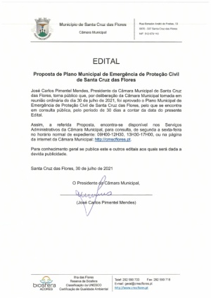 Edital - Proposta do Plano Municipal de Emerg&ecirc;ncia de Prote&ccedil;&atilde;o Civil 2021 de Santa Cruz das Flores para Consulta P&uacute;blica