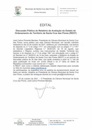 Edital - Discuss&atilde;o P&uacute;blica do Relat&oacute;rio de Avalia&ccedil;&atilde;o do Estado do Ordenamento do Territ&oacute;rio de Santa Cruz das Flores (REOT)