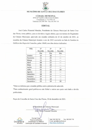 Edital - Calendariza&ccedil;&atilde;o das Reuni&otilde;es Ordin&aacute;rias da C&acirc;mara Municipal para o ano de 2022