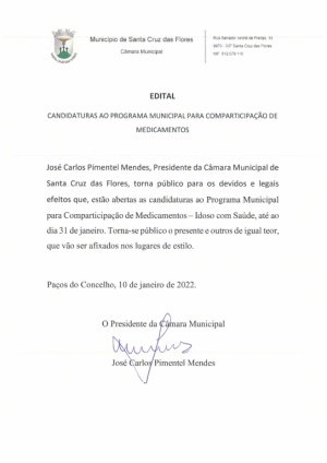 Edital - Candidaturas ao Programa Municipal para Comparticipa&ccedil;&atilde;o de Medicamentos