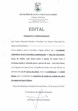 Edital - Tr&acirc;nsito condicionado dia 25 de mar&ccedil;o entre as 13:00h e 18:00h