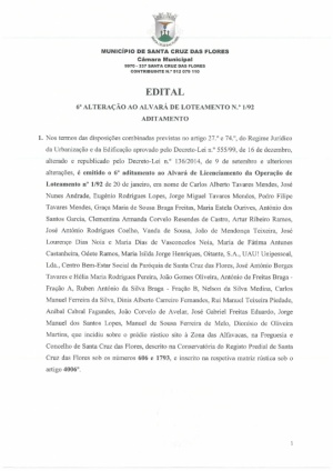 Edital - 6.&ordf; Altera&ccedil;&atilde;o ao Alvar&aacute; de Loteamento n.&ordm; 1/92 - Aditamento