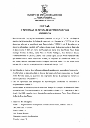 Edital - 2.&ordf; Altera&ccedil;&atilde;o ao Alvar&aacute; de Loteamento n.&ordm; 3/94 - Aditamento