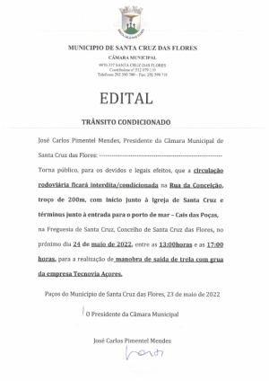 Aviso - Tr&acirc;nsito Condicionado - Rua da Concei&ccedil;&atilde;o - 24 de maio