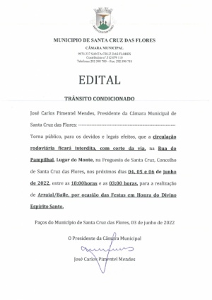 Aviso - Tr&acirc;nsito Condicionado - Rua do Pampilhal - Festa do Divino Esp&iacute;rito Santo do Monte