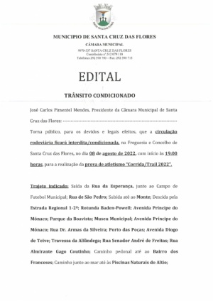 Aviso - Tr&acirc;nsito Condicionado em Santa Cruz - Festa "Cais das Po&ccedil;as 2022" - Corrida Trail/Run