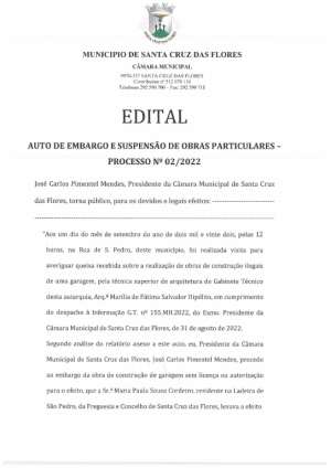 Edital - Auto de Embargo e Suspens&atilde;o de Obras Particulares