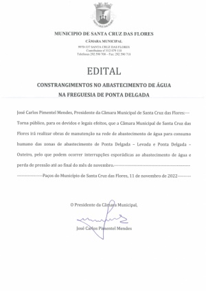 Edital - Constrangimento no abastecimento de &aacute;gua na freguesia de Ponta Delgada
