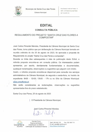 Edital - Consulta p&uacute;blica da proposta do regulamento do projeto "Santa Cruz das Flores a compostar"