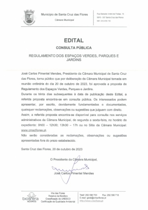 Edital - Consulta P&uacute;blica Regulamento dos Espa&ccedil;os Verdes, Parques e Jardins