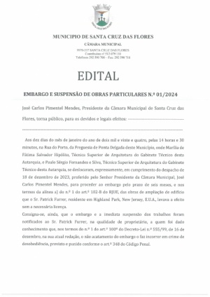 Edital - Embargo e Suspens&atilde;o de Obras Particulares n.&ordm; 01/2024