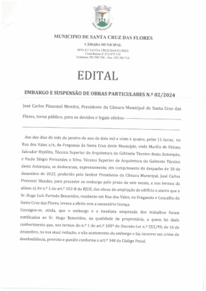 Edital - Embargo e Suspens&atilde;o de Obras Particulares n.&ordm; 02/2024