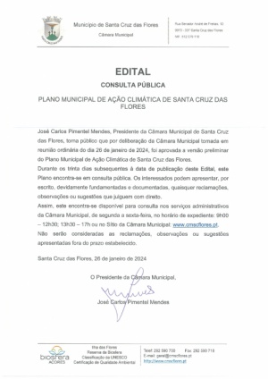 Edital - Consulta P&uacute;blica - Plano Municipal de A&ccedil;&atilde;o Clim&aacute;tica de Santa Cruz das Flores