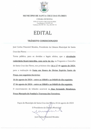 Edital - Tr&acirc;nsito condicionado dia 16 e 17 de agosto
