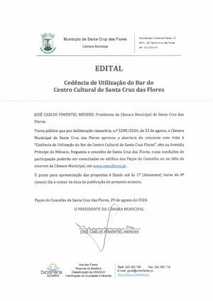 Edital - Ced&ecirc;ncia de Utiliza&ccedil;&atilde;o do Bar do Centro Cultural de Santa Cruz das Flores