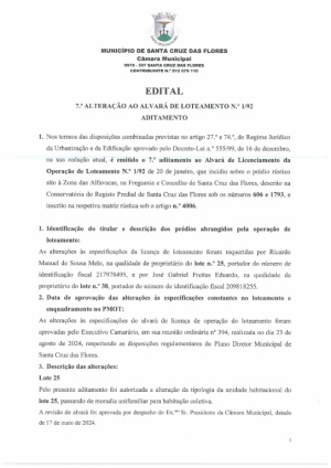 Edital - 7.&ordm; Aditamento ao Alvar&aacute; de Opera&ccedil;&atilde;o de Loteamento n.&ordm; 1/92
