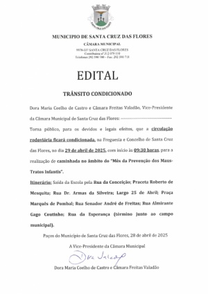 Edital - Tr&acirc;nsito condicionado dia 29 de abril