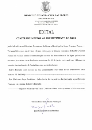 Edital - Constrangimentos no abastecimento de &aacute;gua