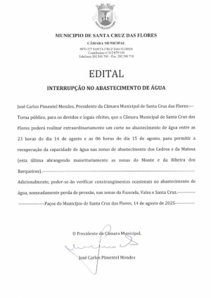 Edital - Interrup&ccedil;&atilde;o no abastecimento de &aacute;gua do dia 14-15 de agosto