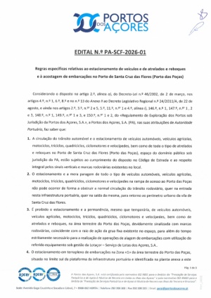 Edital - Regras espec&iacute;ficas relativas ao estacionamento de ve&iacute;culos e de atrelados e reboques e &agrave; acostagem de embarca&ccedil;&otilde;es no Porto de Santa Cruz das Flores (Porto das Po&ccedil;as)