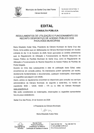 Edital - Consulta P&uacute;blica Regulamentos de utiliza&ccedil;&atilde;o e funcionamento do recinto desportivo de acesso p&uacute;blico dos Pavilh&otilde;es Municipais